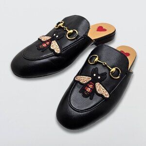 Gucci Princetown Mules Horsebit Bee Embroidered Slip-On Leather Black Women's 35
